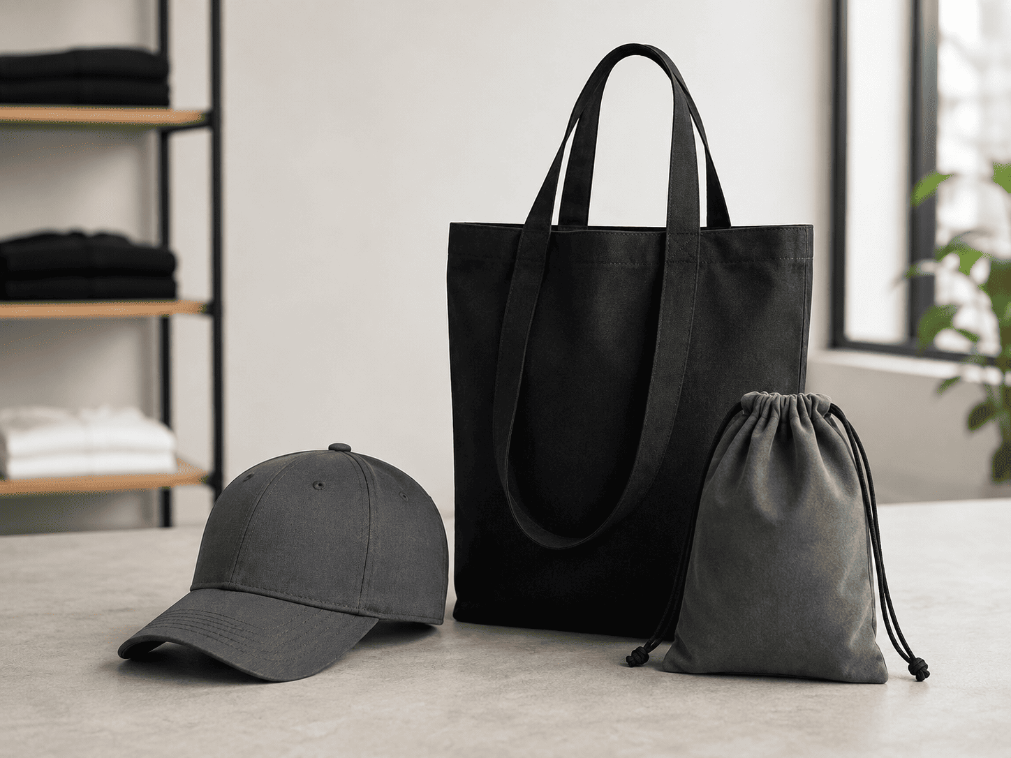 Corporate merchandise including caps and bags